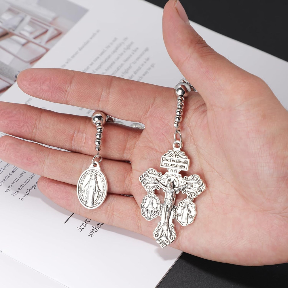 One Decade Pocket Rosary,Silver Small Rugged Rosary Beads for Men Catholic Gift,