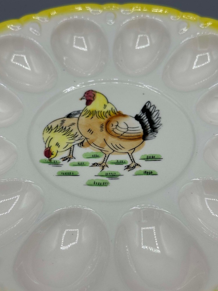 Vintage Chicken Deviled Egg Tray Yellow White Handpainted Japan