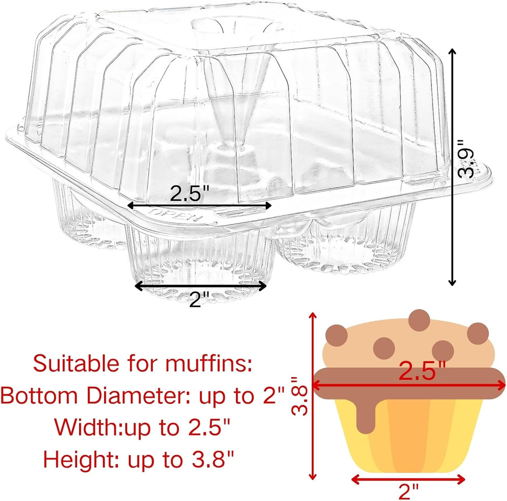 50 Pack Clear Cupcake Box 4 Cavity Plastic Holder Deep Dome Disposable Container