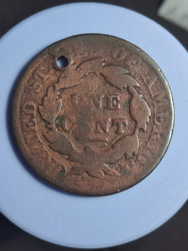 1827 Large Cent Holed Counterstamped #677