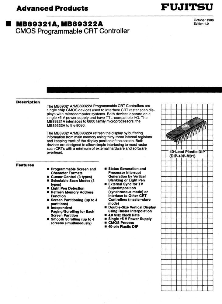 MB89322A Fujitsu CMOS Programmable CRT Controller IC QFP-48