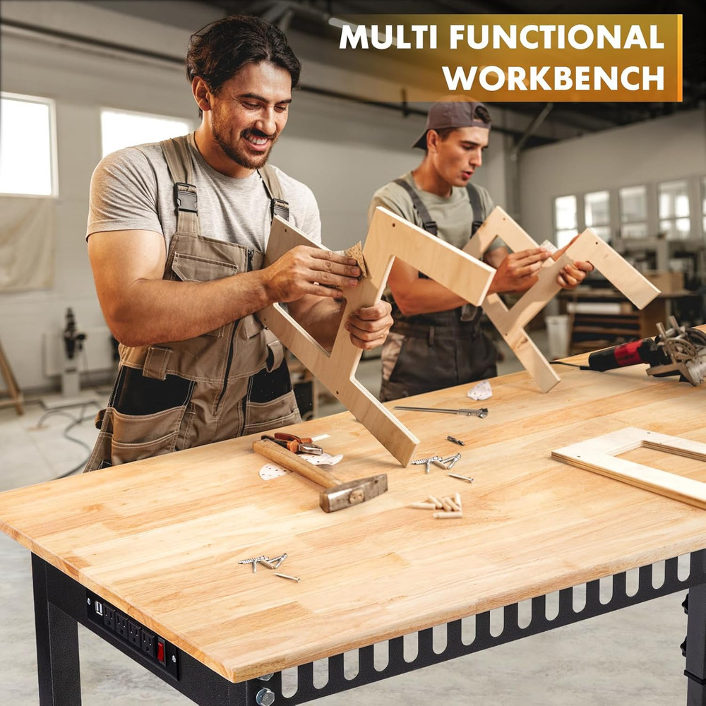 48" Height Adjustable Workbench, 2000 LBS Load Capacity Rubber Wood Top Workstat