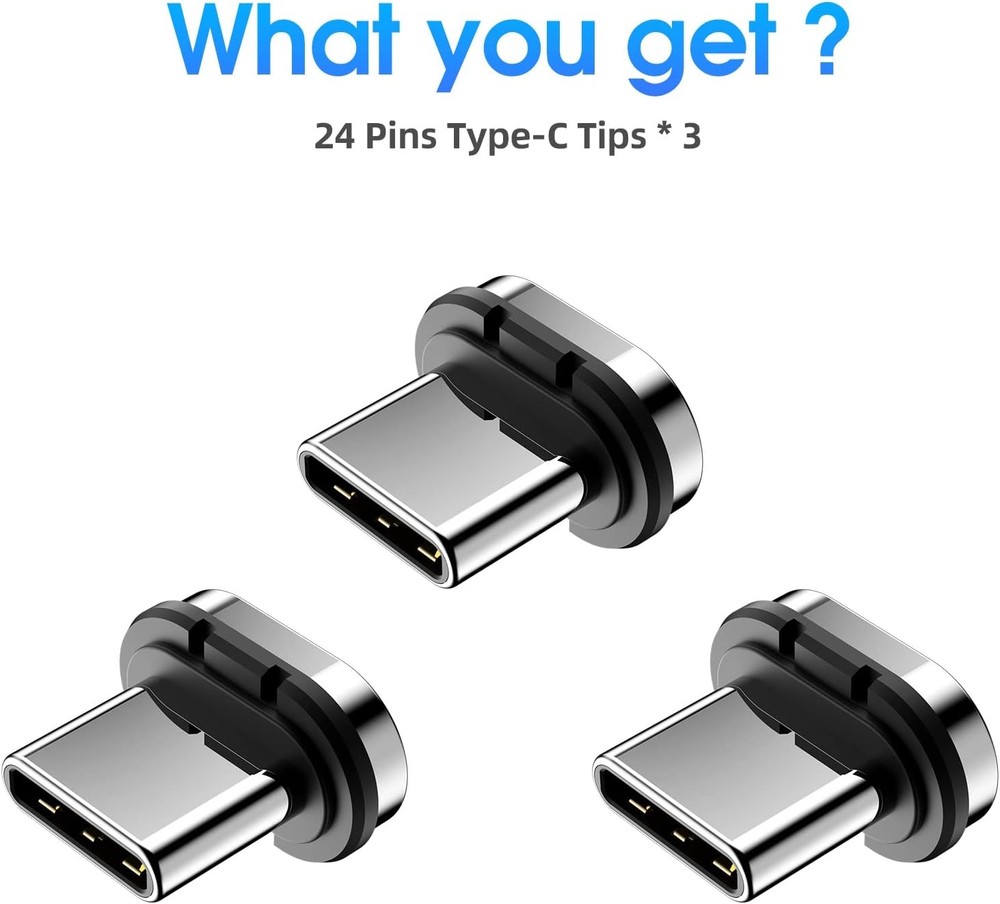 24pins Magnetic USB C Connector Tips Head (3 Only Tips-3Pack*Black-Silver