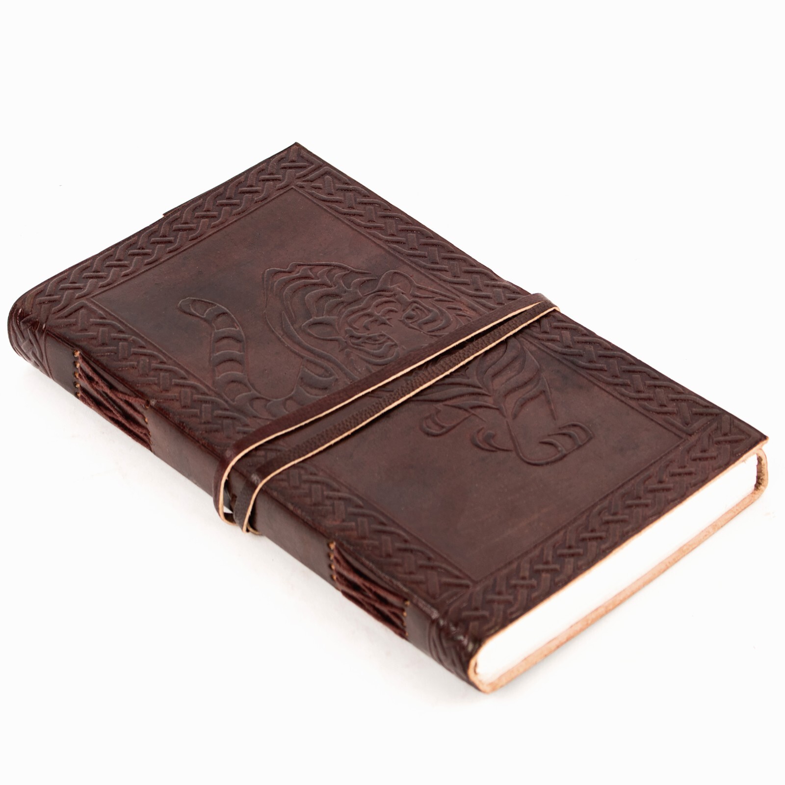 Leather Journal Tiger Cover Embossed with Cord Closure Notebook Brown