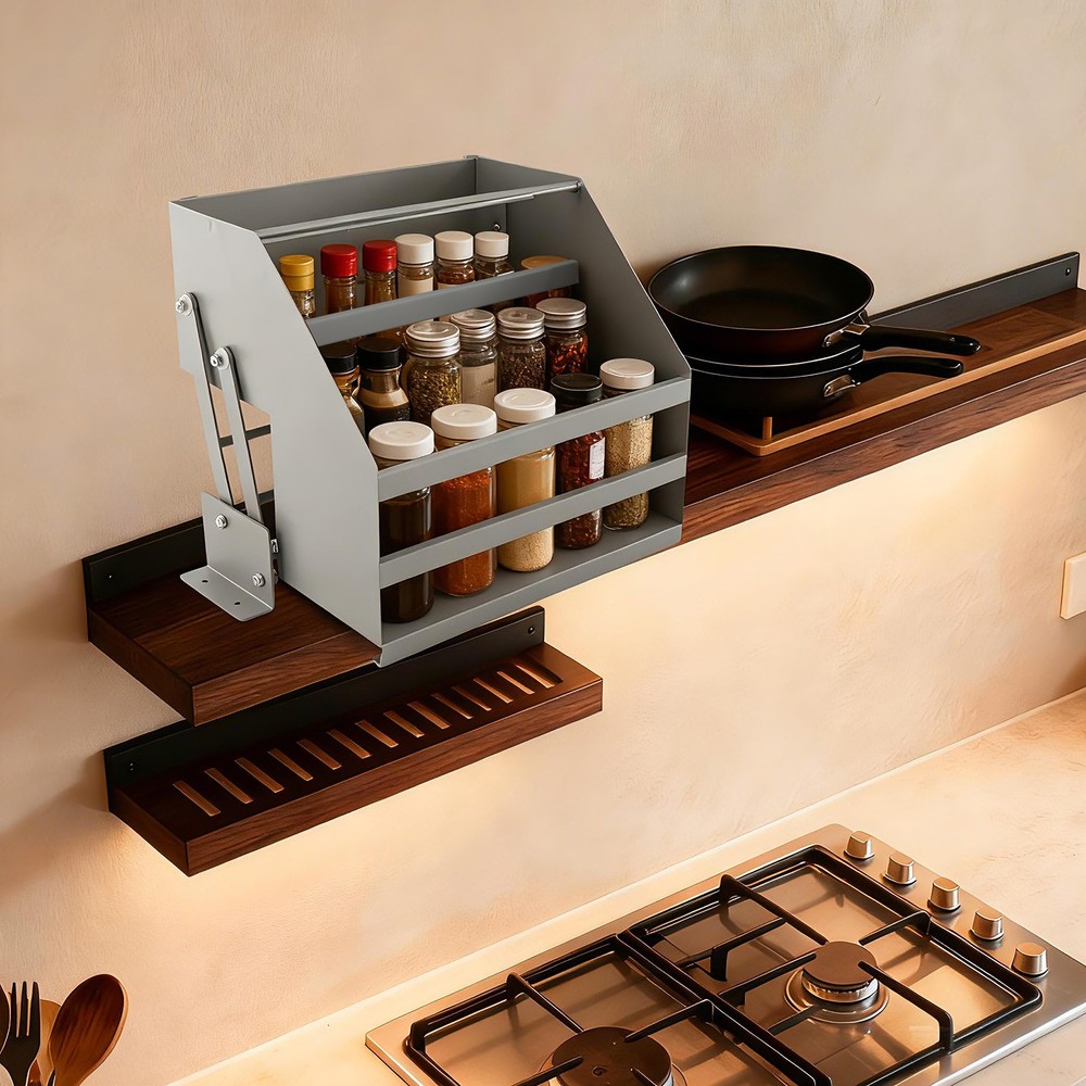 Pull Down Cabinet Organizer 2 Tier Pull-Out Cabinet Wall Shelf Spice Dishes Rack