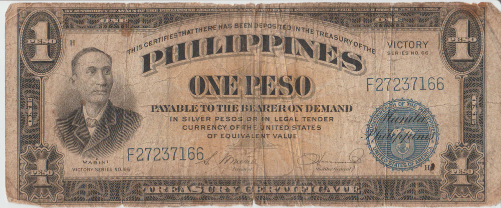1944 PHILIPPINES (ONE PESO) VICTORY (TREASURY SILVER CERTIFICATE) ERA WAR II