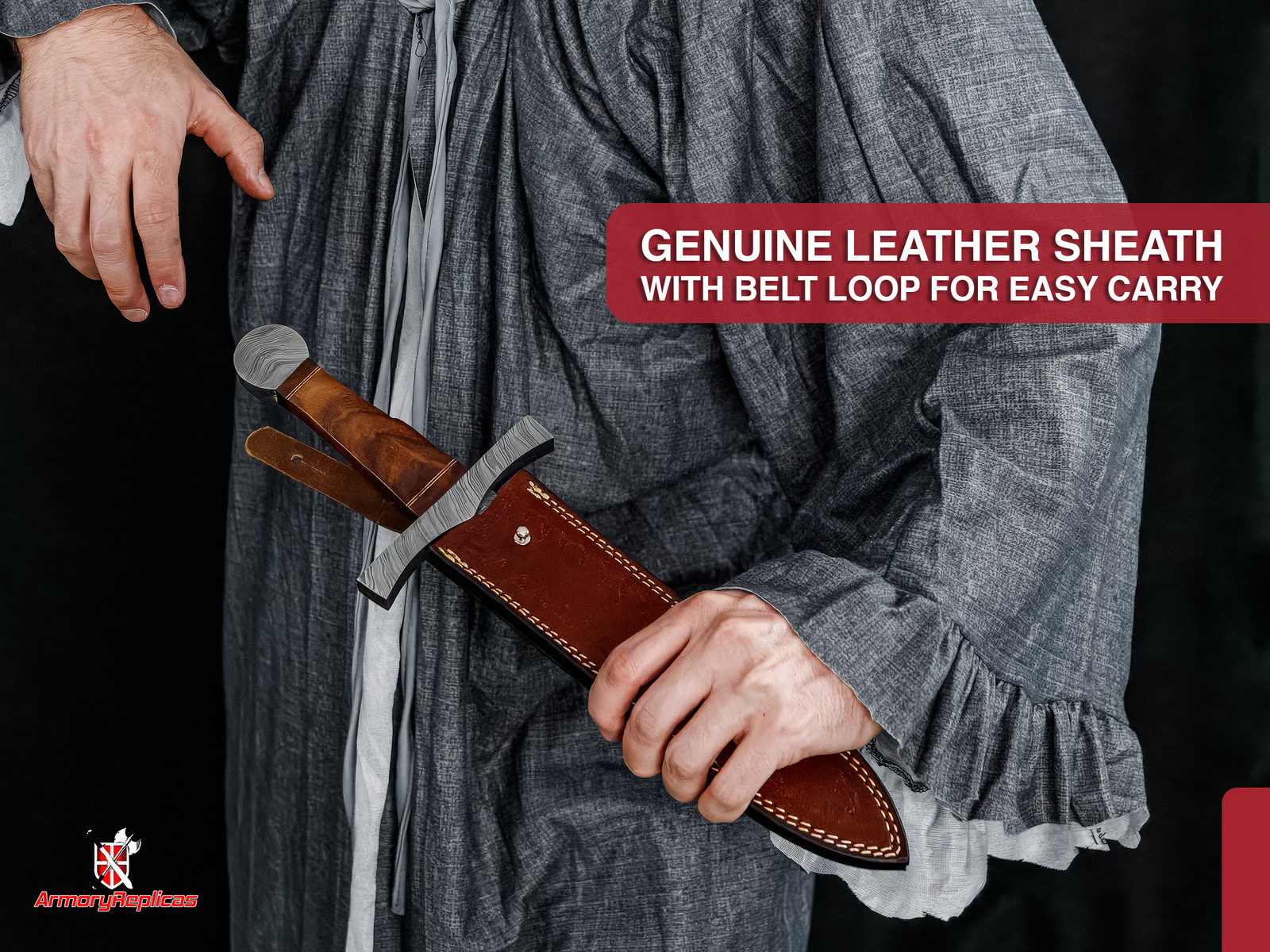 Damascus Steel Arming Dagger Full Tang Short Sword Sheesham Wood Brass w/ Sheath