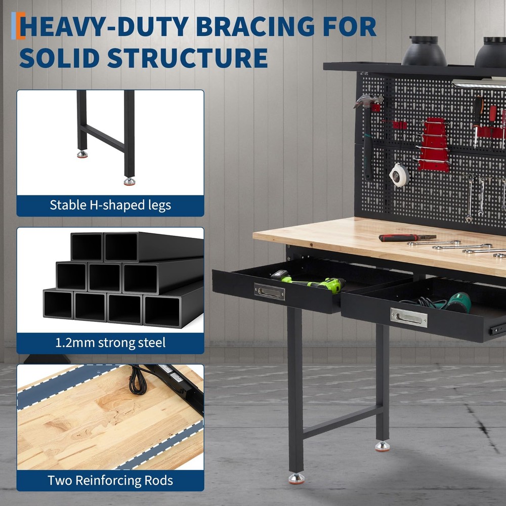 60" Adjustable Heavy Duty Workbench 2000 LBS Work Table with 2 Drawers LED Light