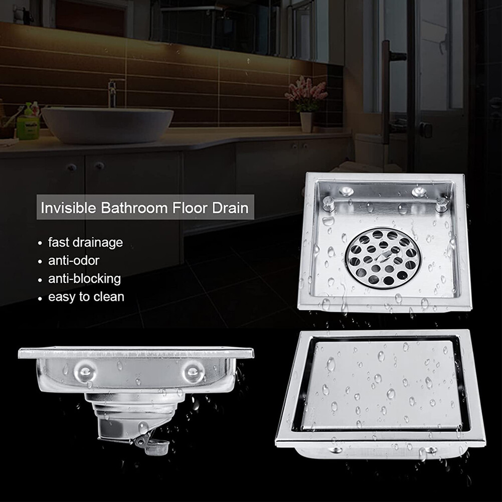 Square Shower Floor Drain 6-Inch Tiled Insert Grate Strainer