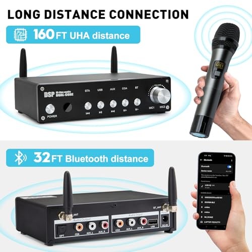 UHF Wireless Microphone System, Cordless Karaoke Microphone System with 2