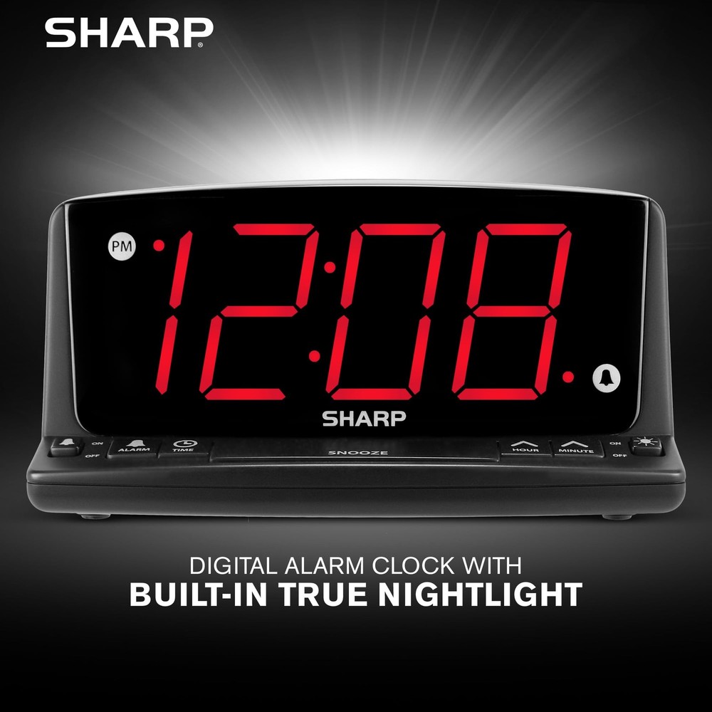 Sharp LED Digital Alarm Clock – Simple Operation - Large, Black - Red Led