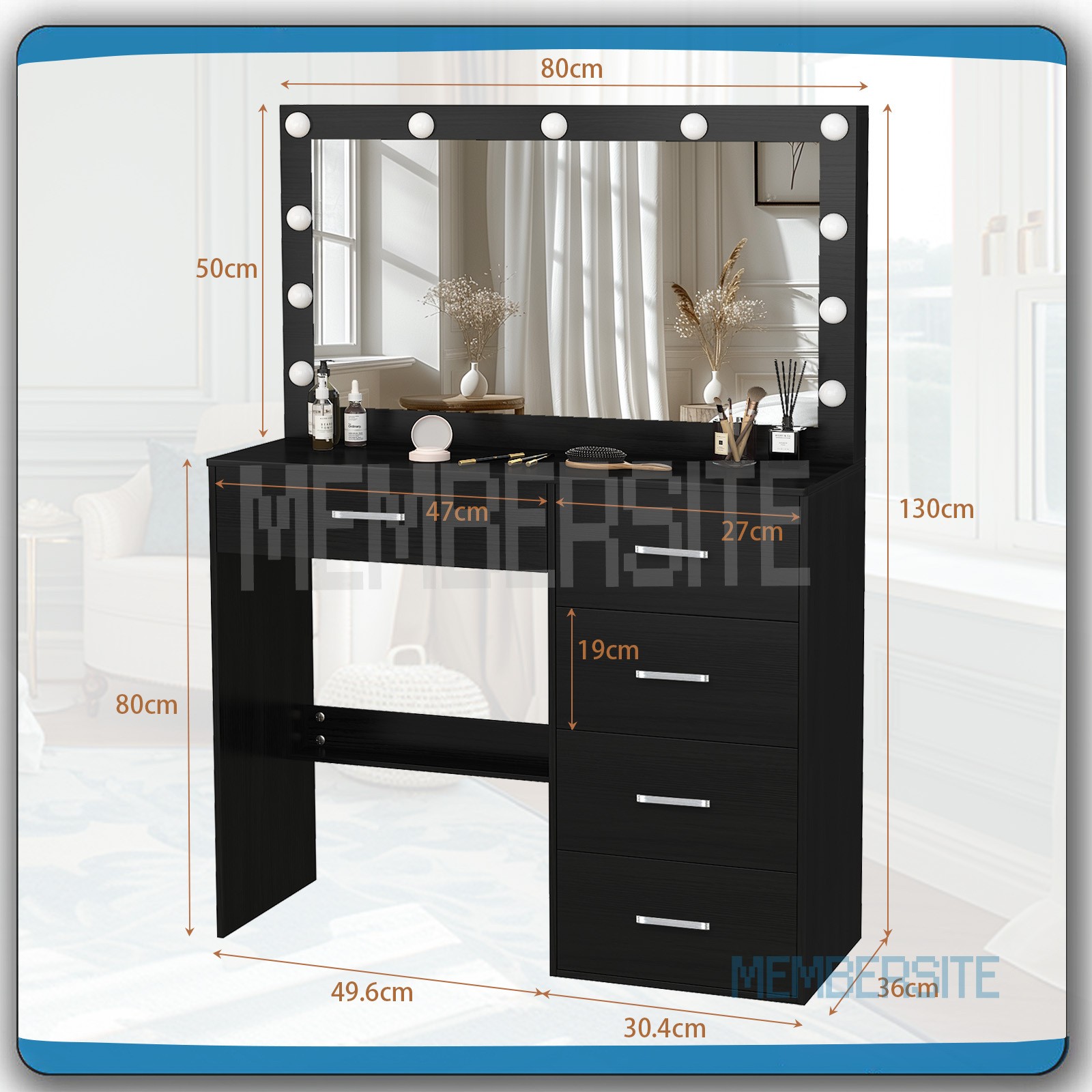 Black Vanity Desk w/Large Mirror &Built -in Hollywood Bulbs Makeup Dressing Desk