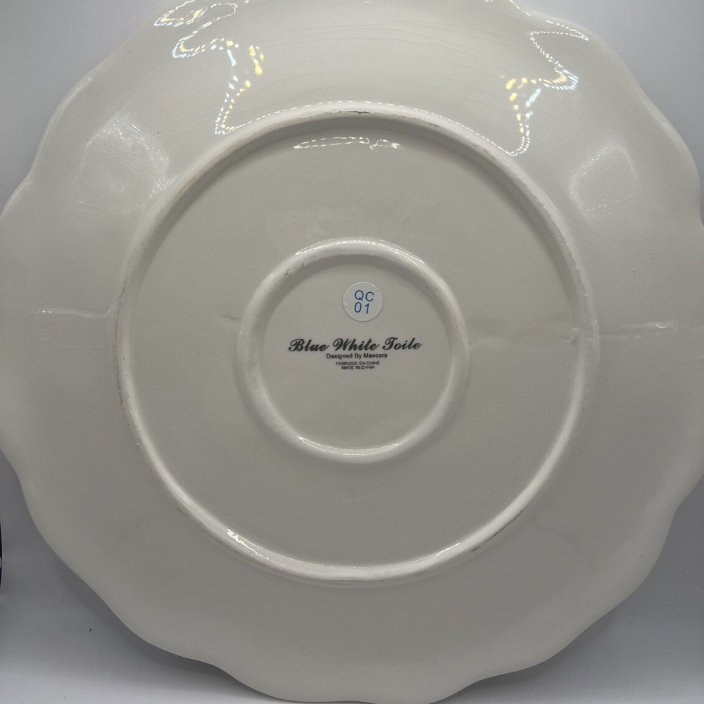 Maxcera Blue White Toile Bunny Rabbit Round Serving Platter Easter Large 13"