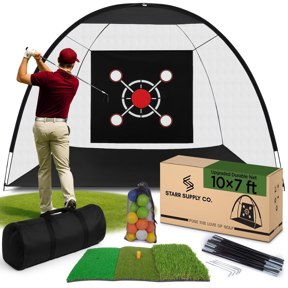 Golf Practice Net for Backyard 10x7ft Hitting with Tri-Turf Mat 20 Pack Foam