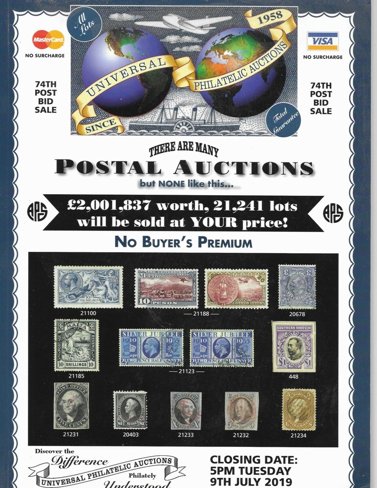 Postage stamp auction catalog / Universal Philatelic Auctions #74 / July 2019