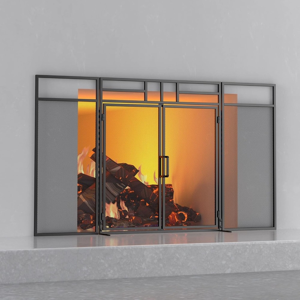 3-Panel Folding Fireplace Screen W/ Magnetic Hinged Doors Solid Wrought Iron