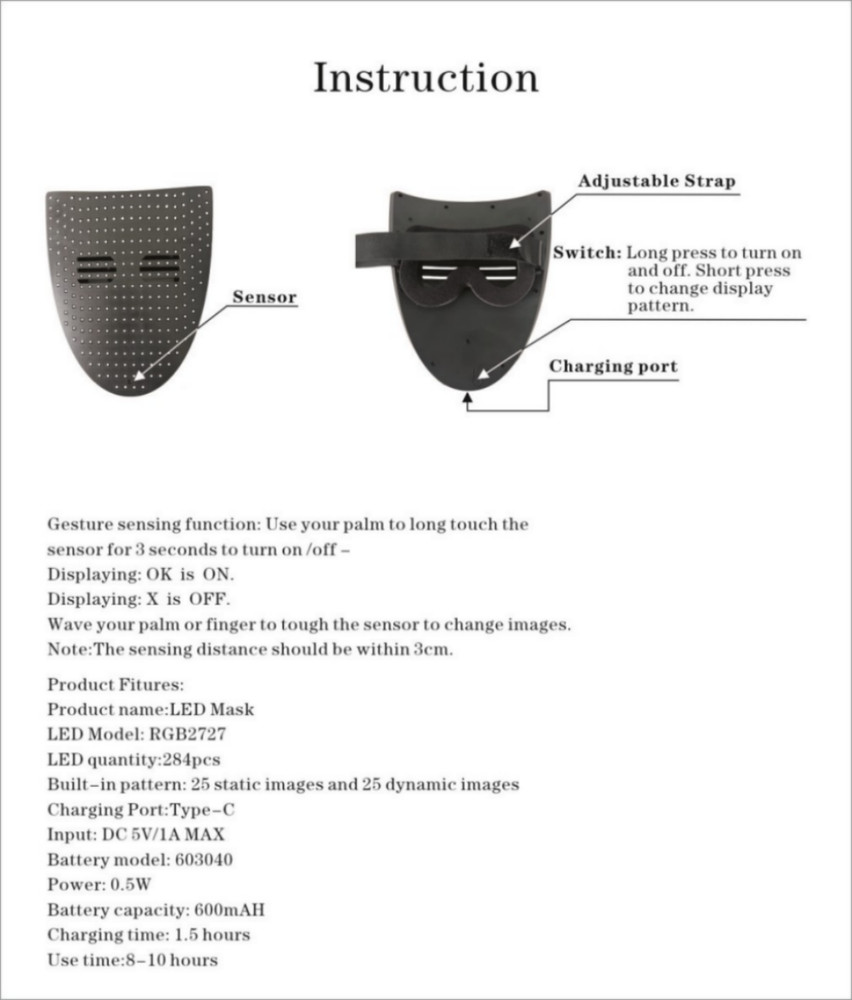 LED Mask with Gesture Sensing, Light up mask with 50 Pattern Display for Men/...