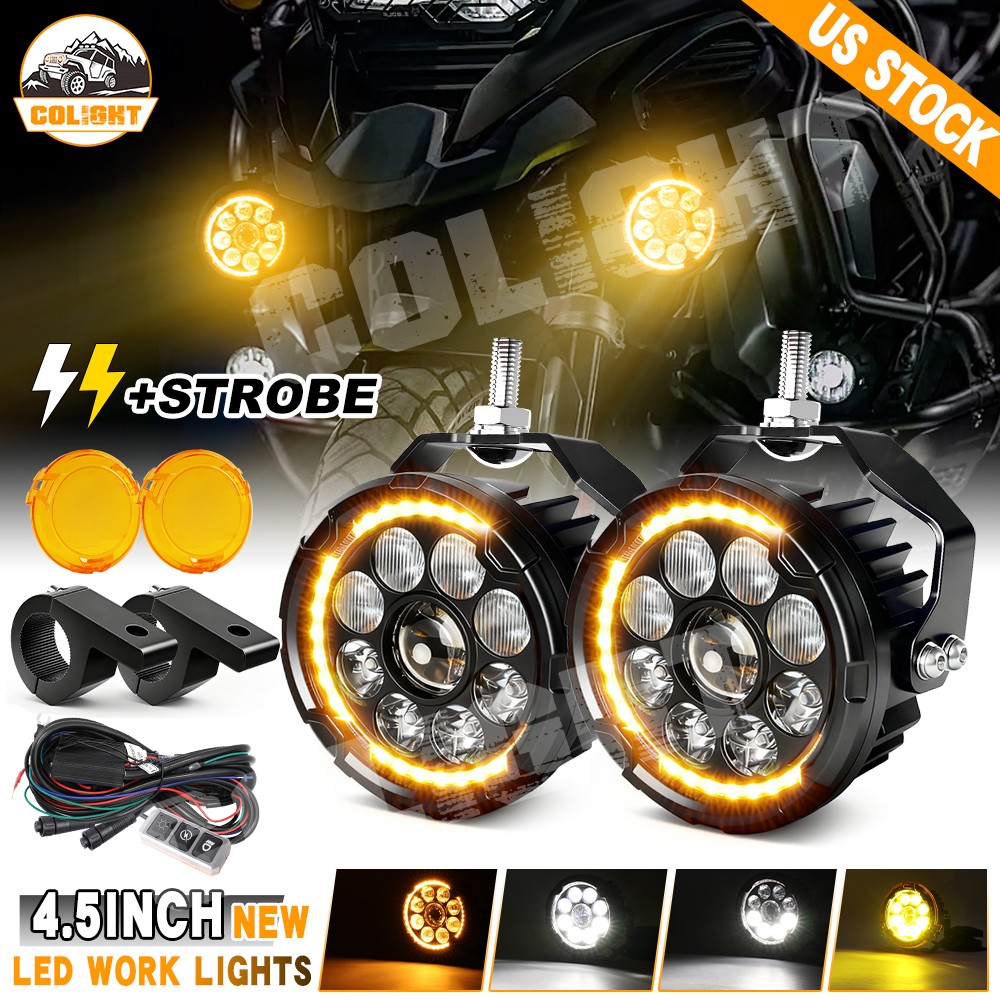 Pair Dual Color Motorcycle LED Headlights Auxiliary Spot Lights Driving Fog Lamp