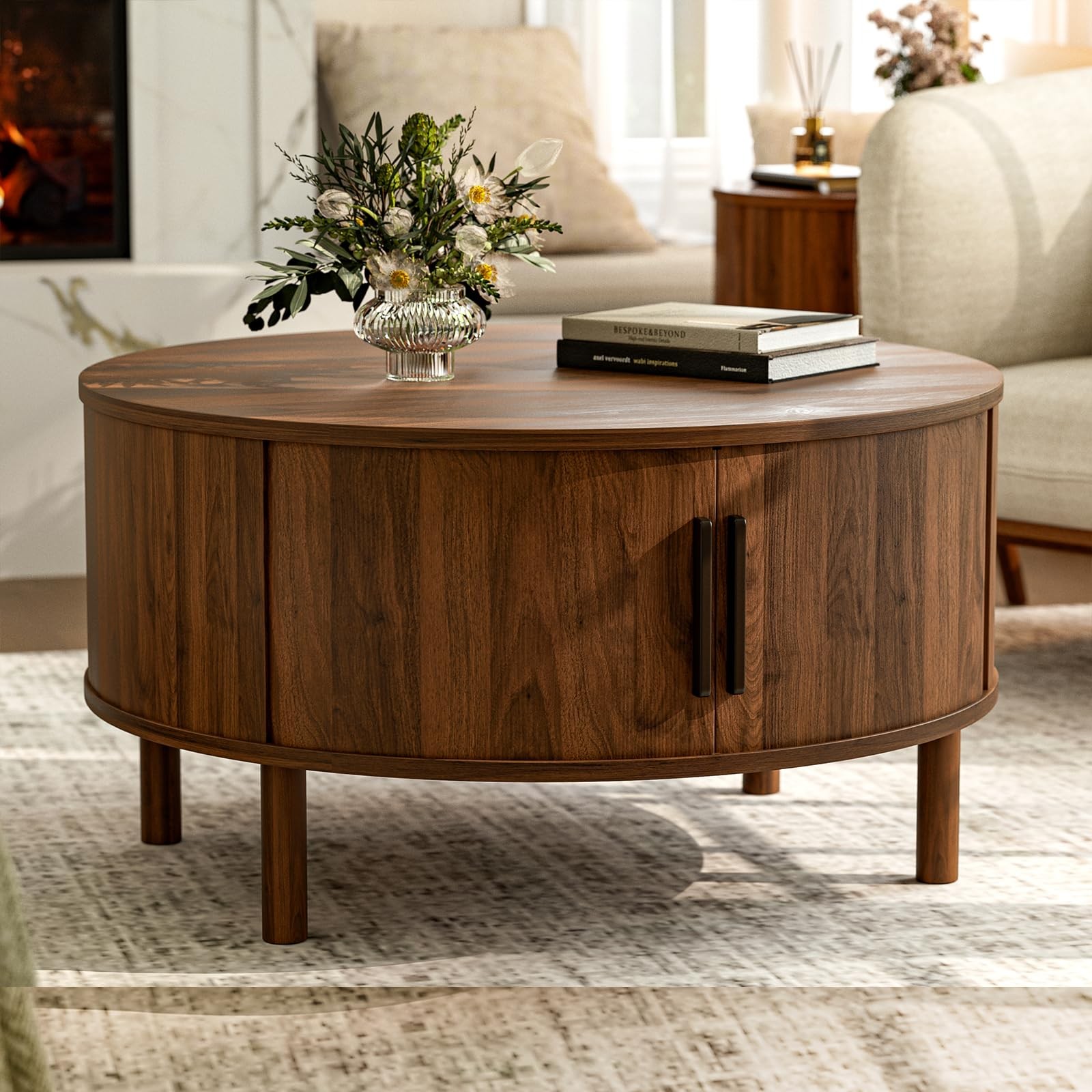 Coffee Table for Living Room, Modern Round Coffee Table with Cabinets & Slidi...