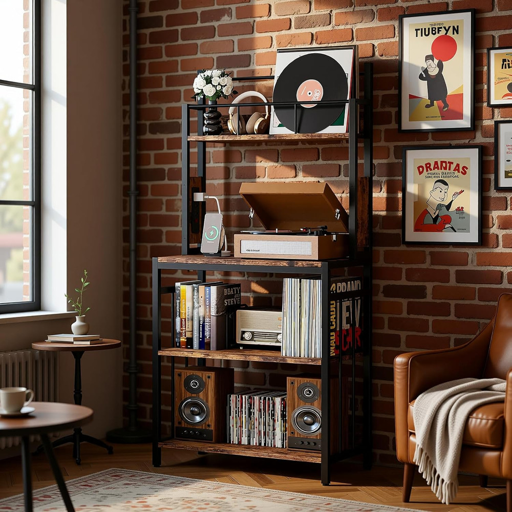 Record Player Stand, 2-Tier Vinyl Record Storage, Large Record Player Table with