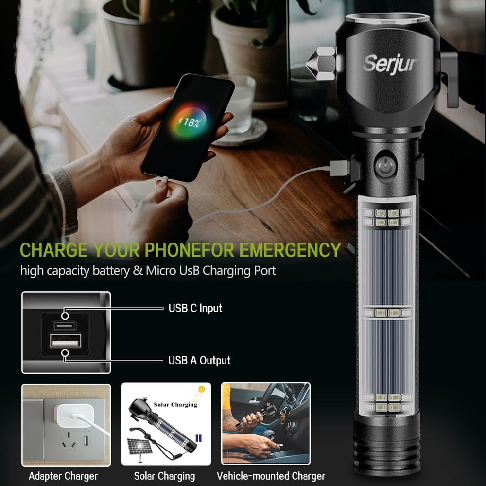 Rechargeable Solar Powered Flashlight Multi Function LED Tactical Flashlight ...