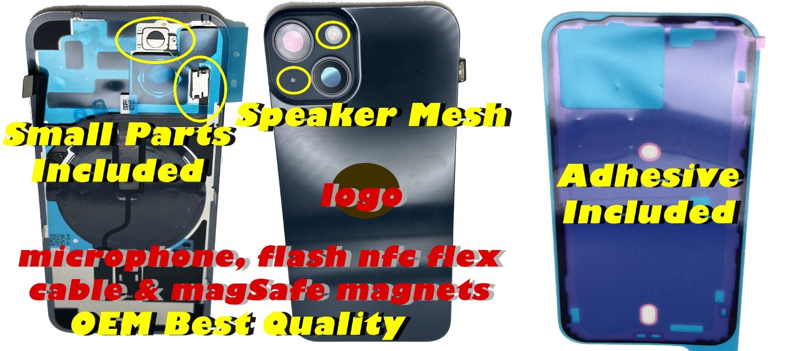 iPhone 14 / 14 Plus Back Glass Rear Cover w/ Flash Mic Flex & Adhesive