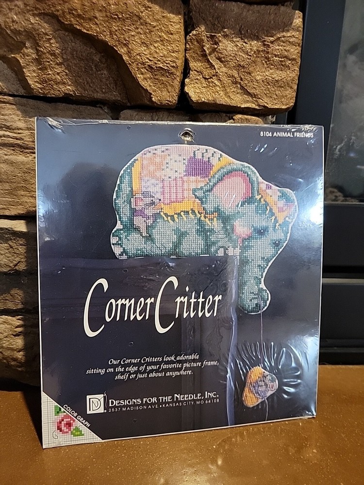 Elephant saving Mouse friend dangling w/cheese Corner Sitter NeedlePoint