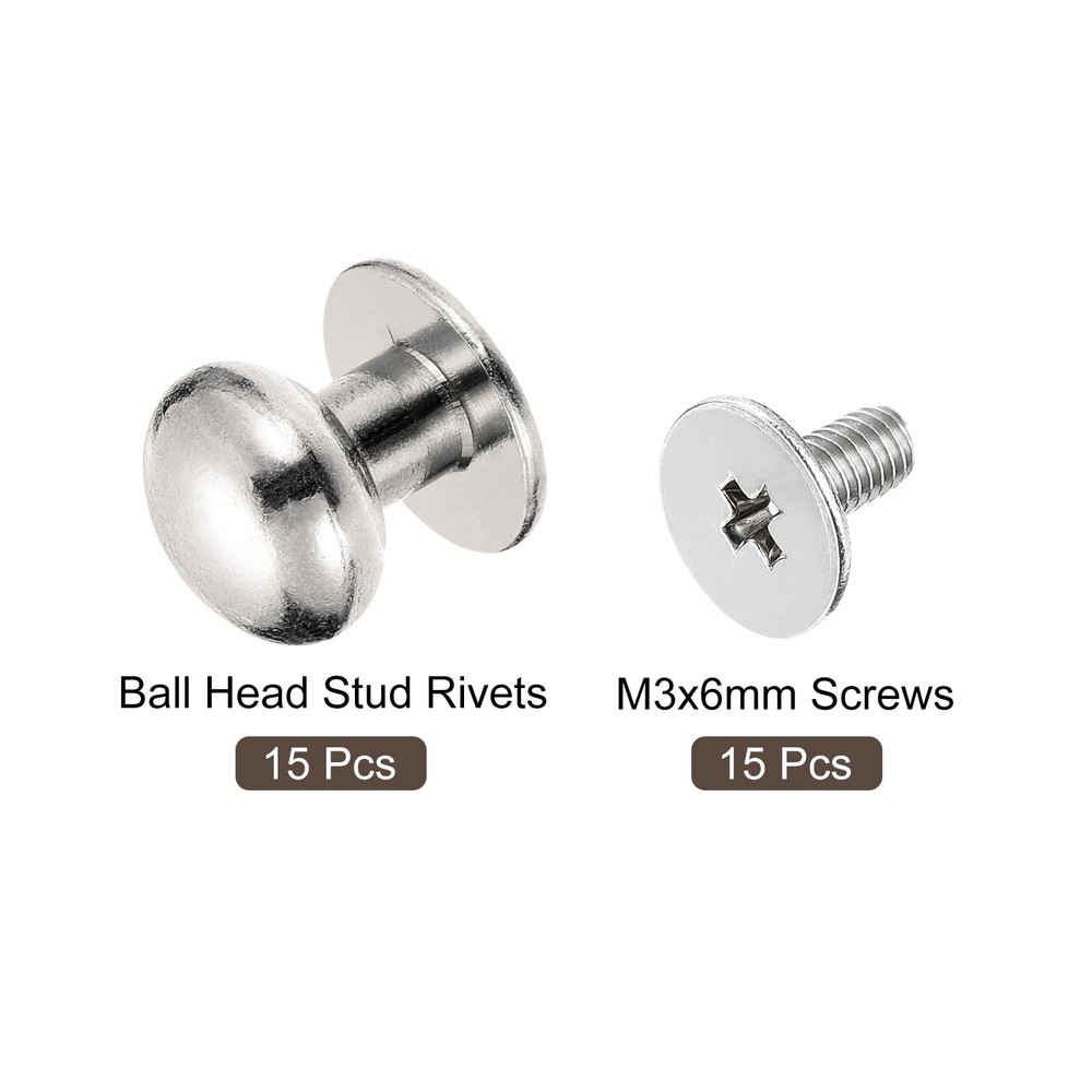 10mm Ball Head Stud Rivets Screw Back, 15Pack Round Head Button, Silver Tone