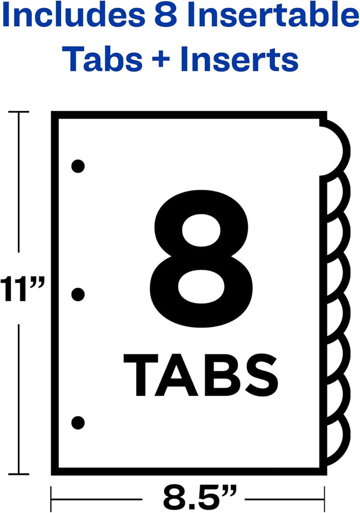 Insertable Style Edge Plastic Dividers for 3 Ring Binders, 8-Tab Set, Multicolor