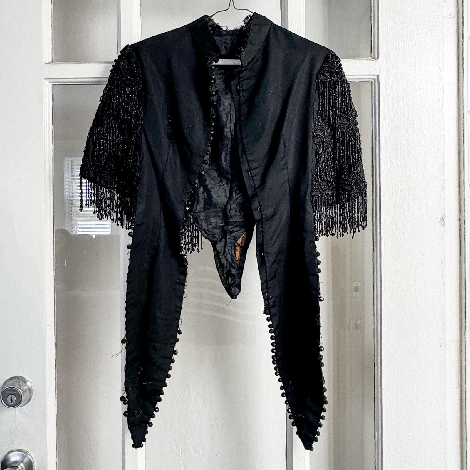 Antique Victorian Mourning Bodice Jacket with Jet Bead Fringe Late 19th Century