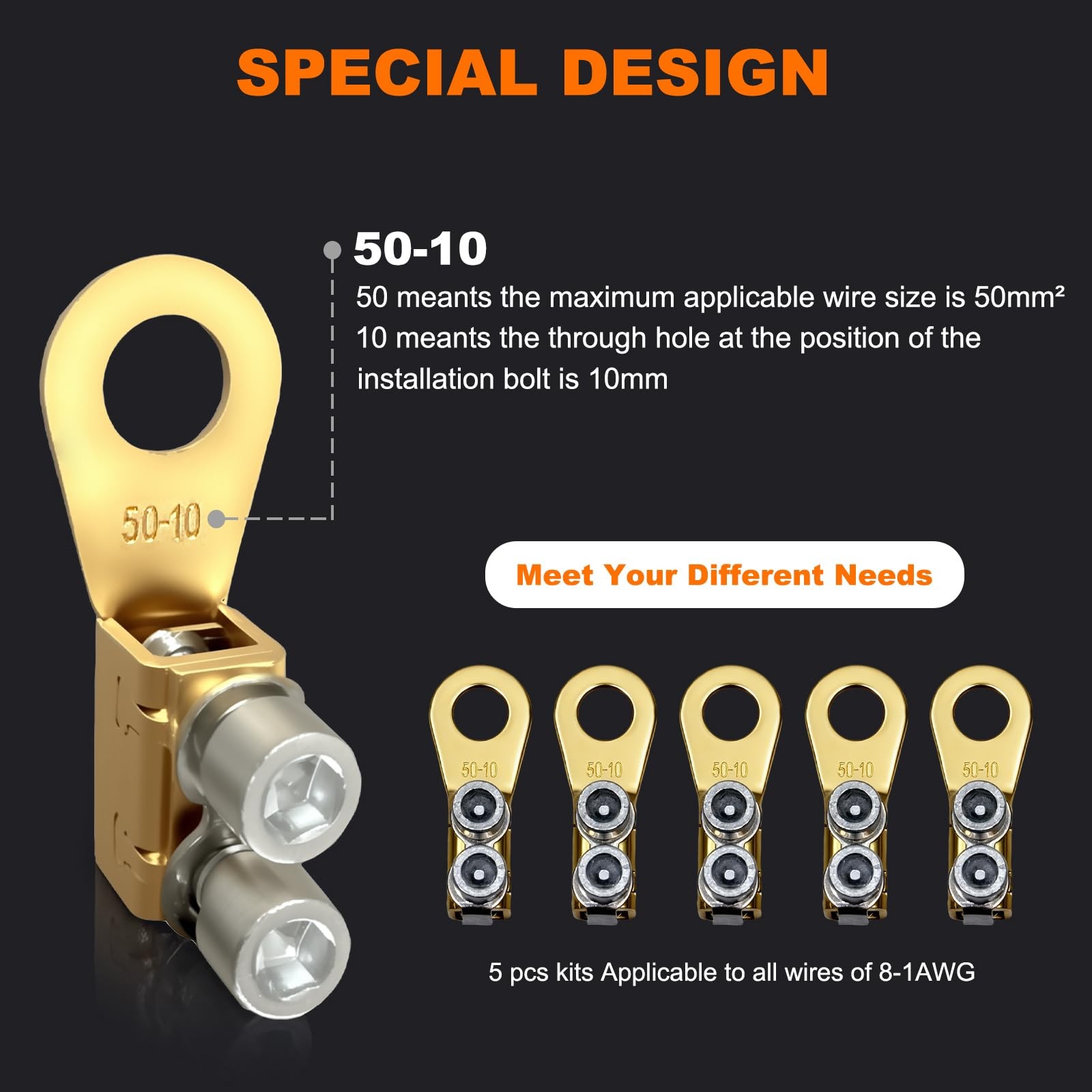 5Pcs 8-1/0AWG Heavy Duty Battery Lugs, Battery Cable Ends, Ring Terminals, Ba...