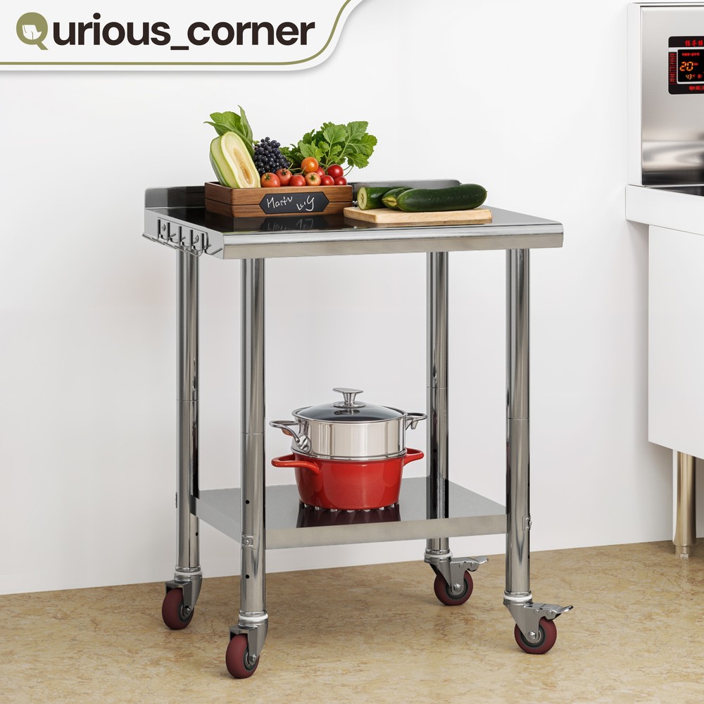30" Work Table Stainless Steel Undershelf Kitchen Prep Backsplash w/ Hook Wheels