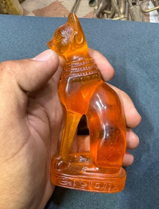 RARE ANCIENT EGYPTIAN ANTIQUITIES Statue Goddess Bastet Cat Made Amber Stone BC
