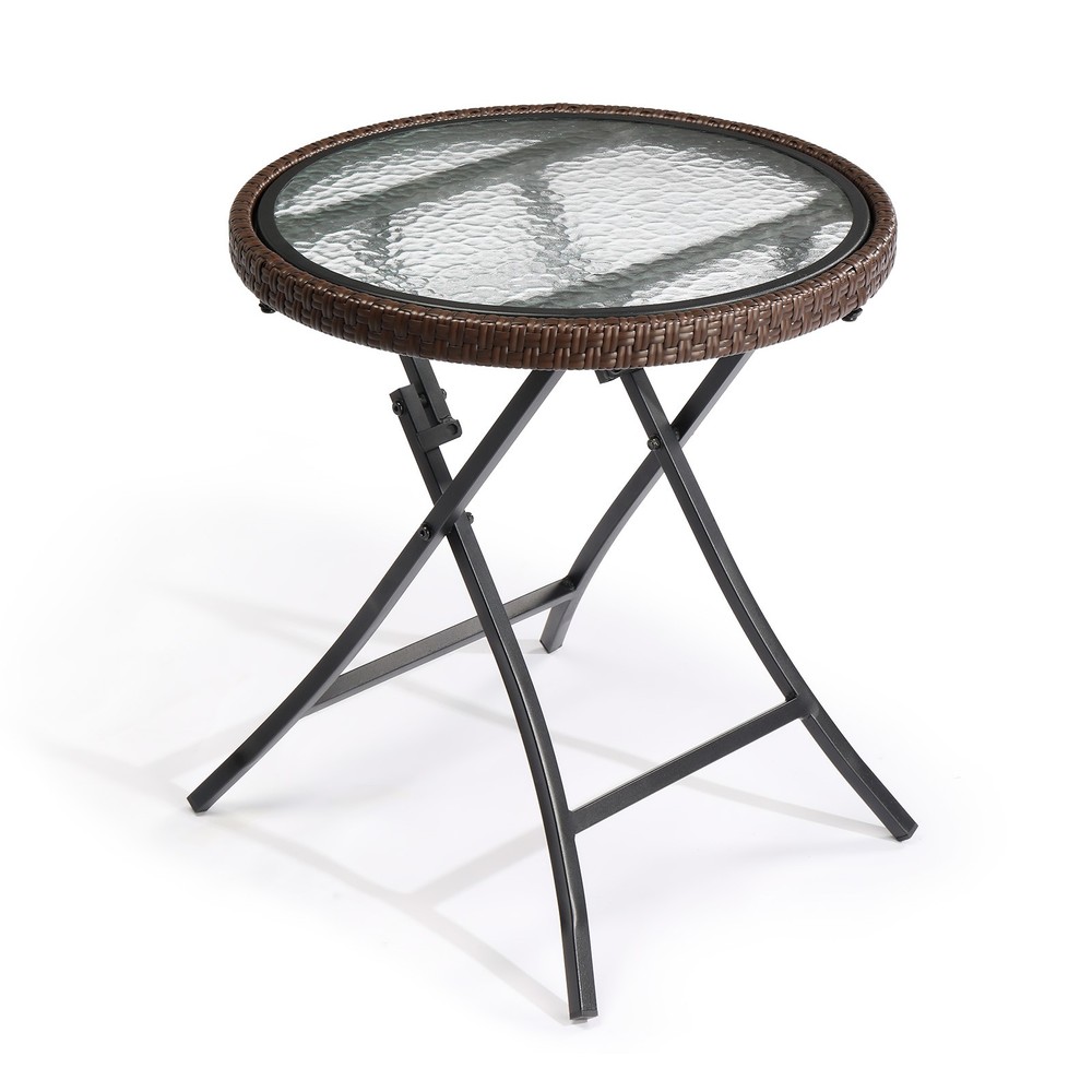 Outdoor Side Table, Round Rattan Patio Side Table, Small Foldable Wicker Table