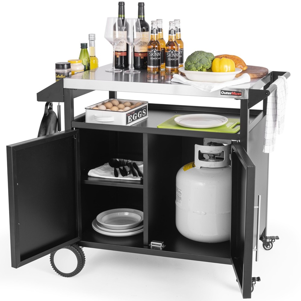 Outdoor Grill Table Kitchen Cabinet, Moveable Prep Bar for Storage & Cooking