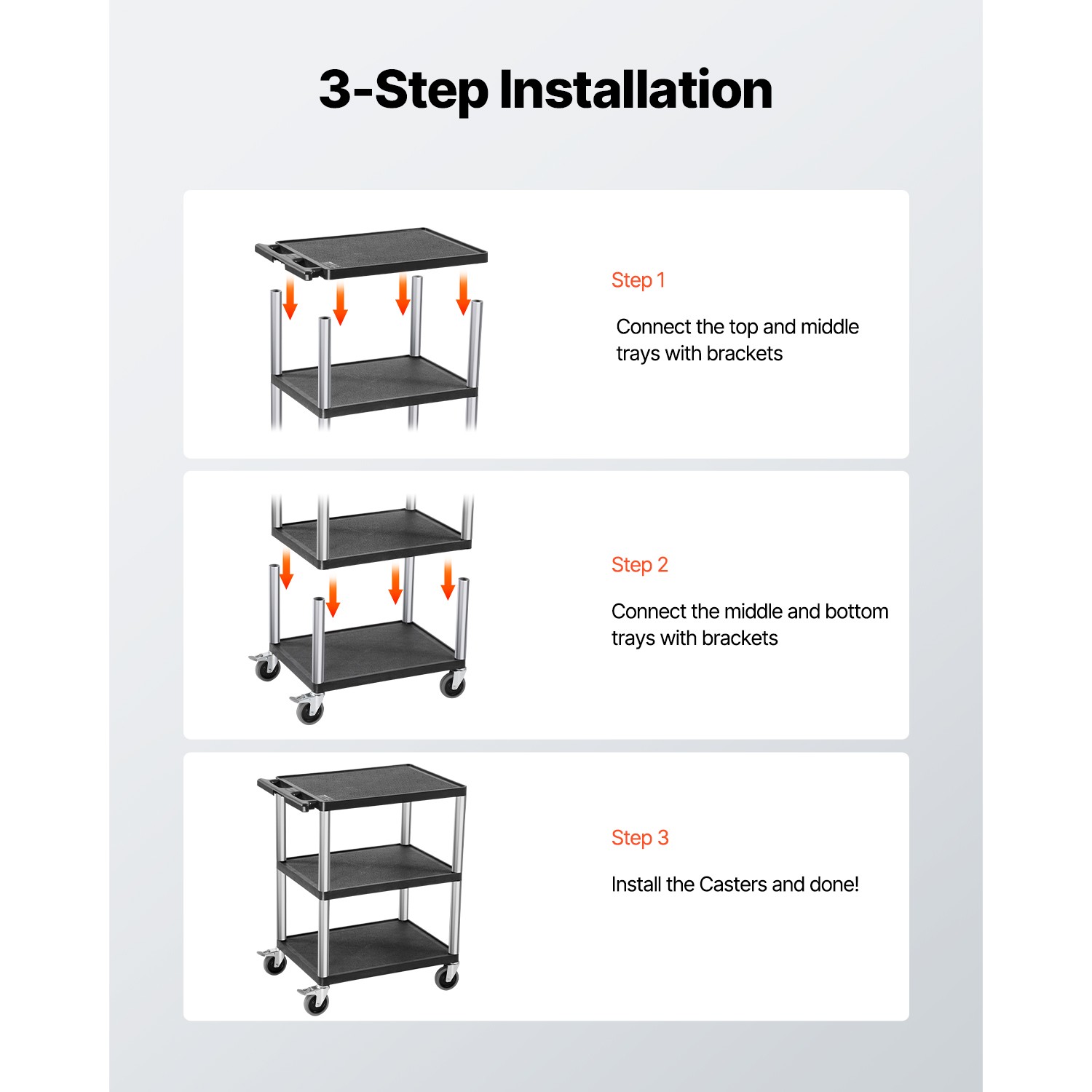 3-shelf Utility Cart 300 lbs 27.6 x 18.1-inch Service Cart with Wheels