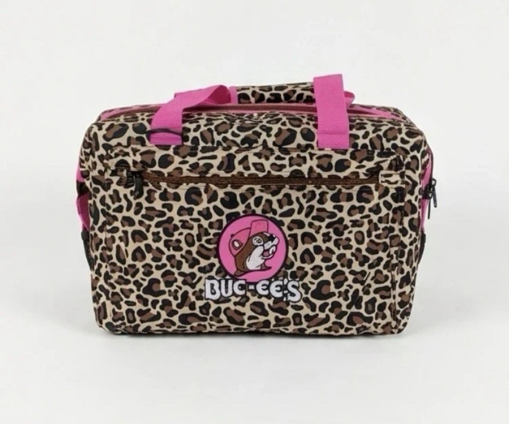 Buc-ee's 24 Can Cooler Leopard Print Pink Handles 600D Polyester Portable
