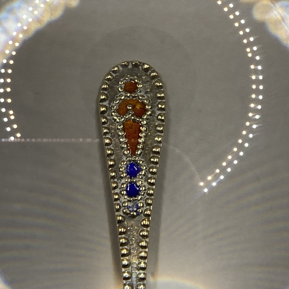 Soviet c.1908 Russian Enamel Silver Salt Spoon Marked 875 3rd Artel Workshop