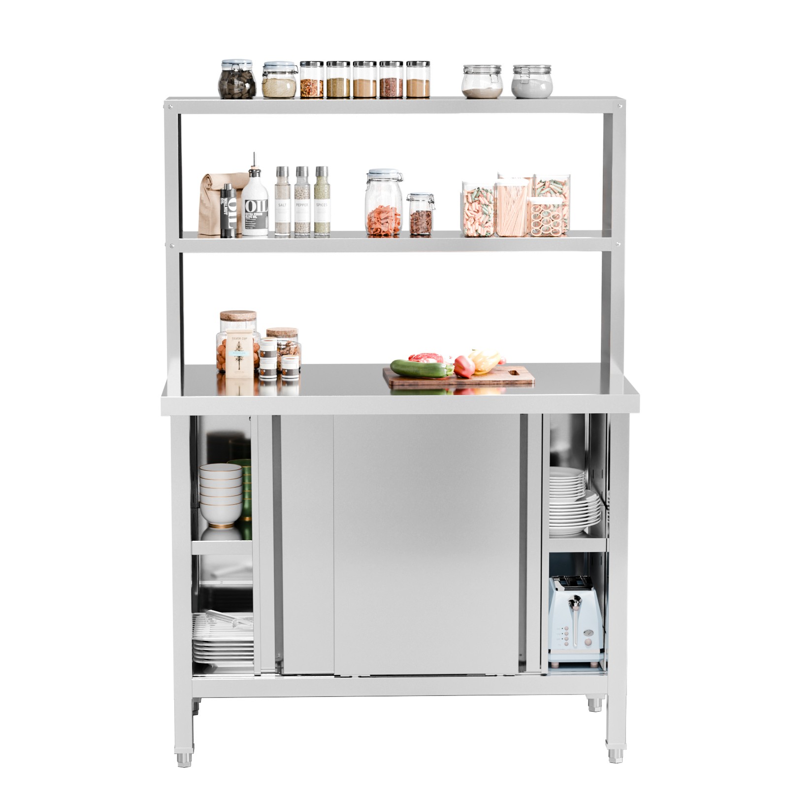 Stainless Steel Table Heavy Duty Pre Table with Overshelves and Storage Cabinet