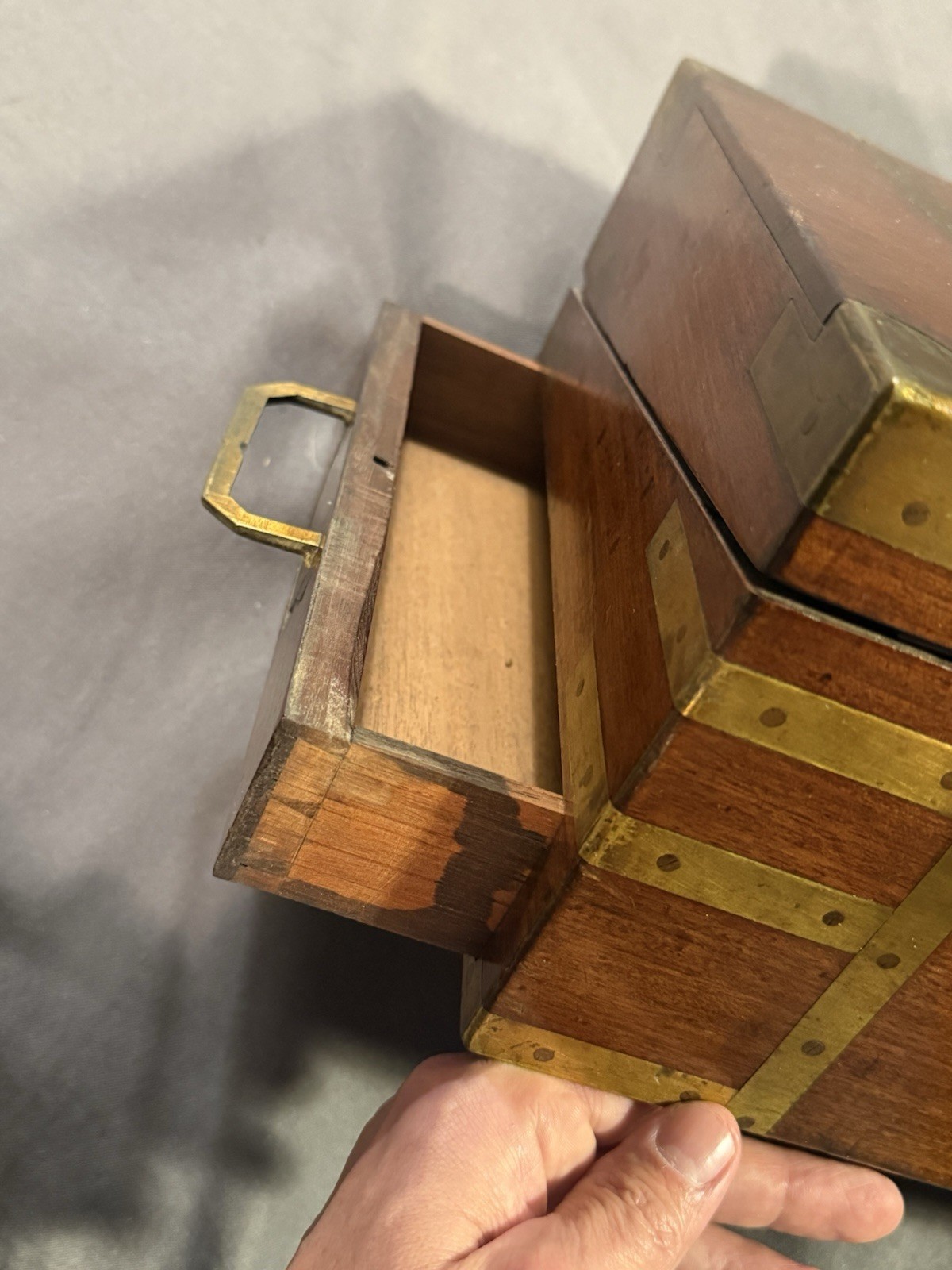 Early Antique Wood & Brass Bound Military Campaign Writing Desk