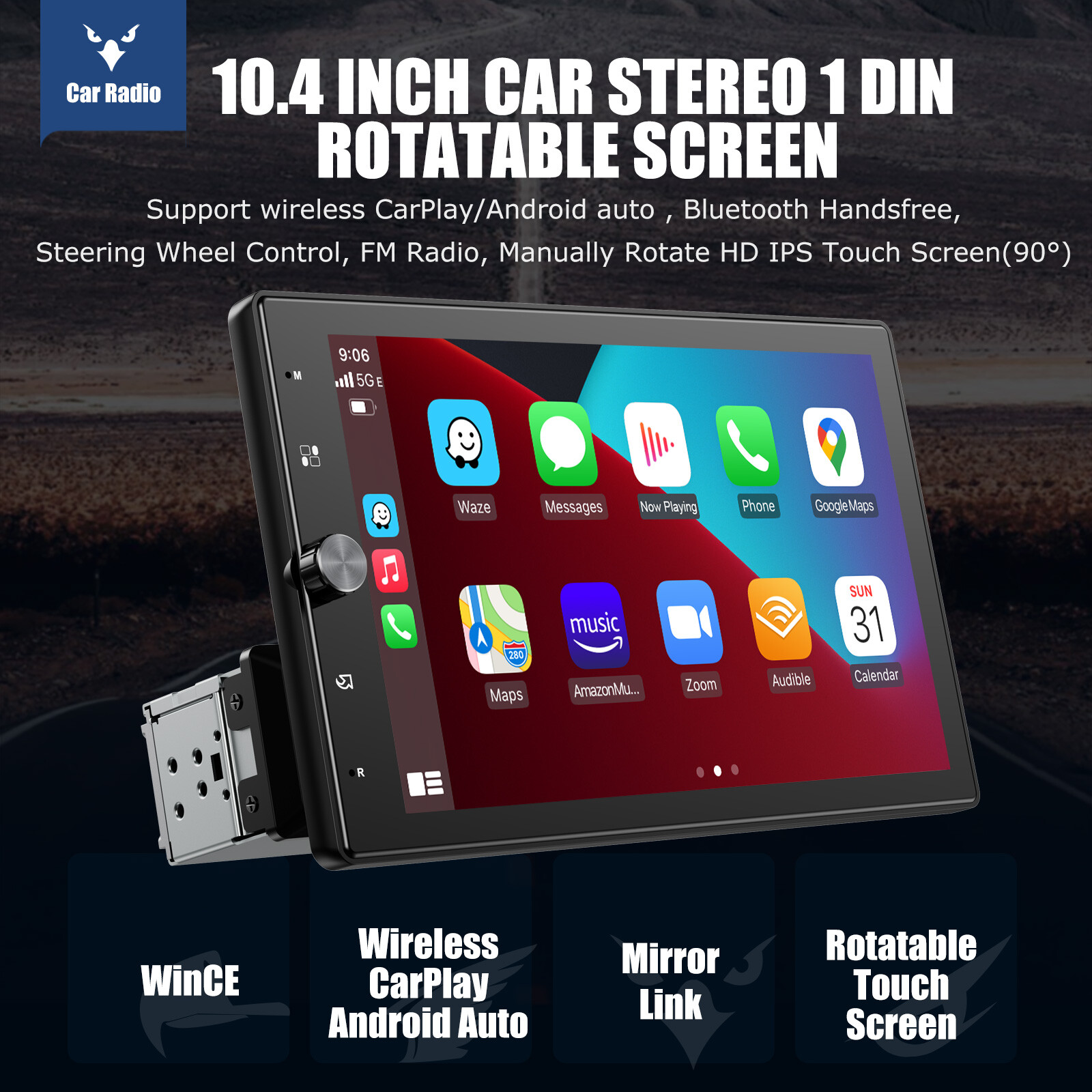 10.4" Single Din Touch Screen Stereo Bluetooth Radio Apple/Android Carplay+CAM