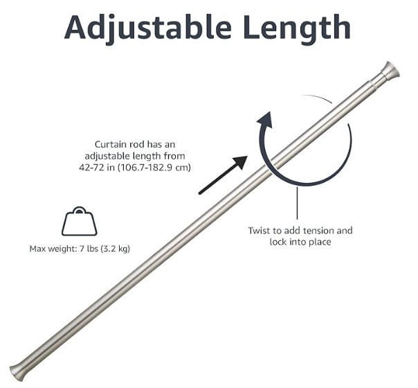 Brushed Nickle Easy install shower curtain tension rod, adjustable length, 42-73