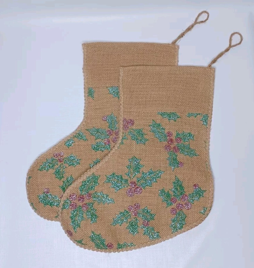 Burlap Christmas Tree Stocking Set Of Two Stockings Glitter Holly Berries Leaves