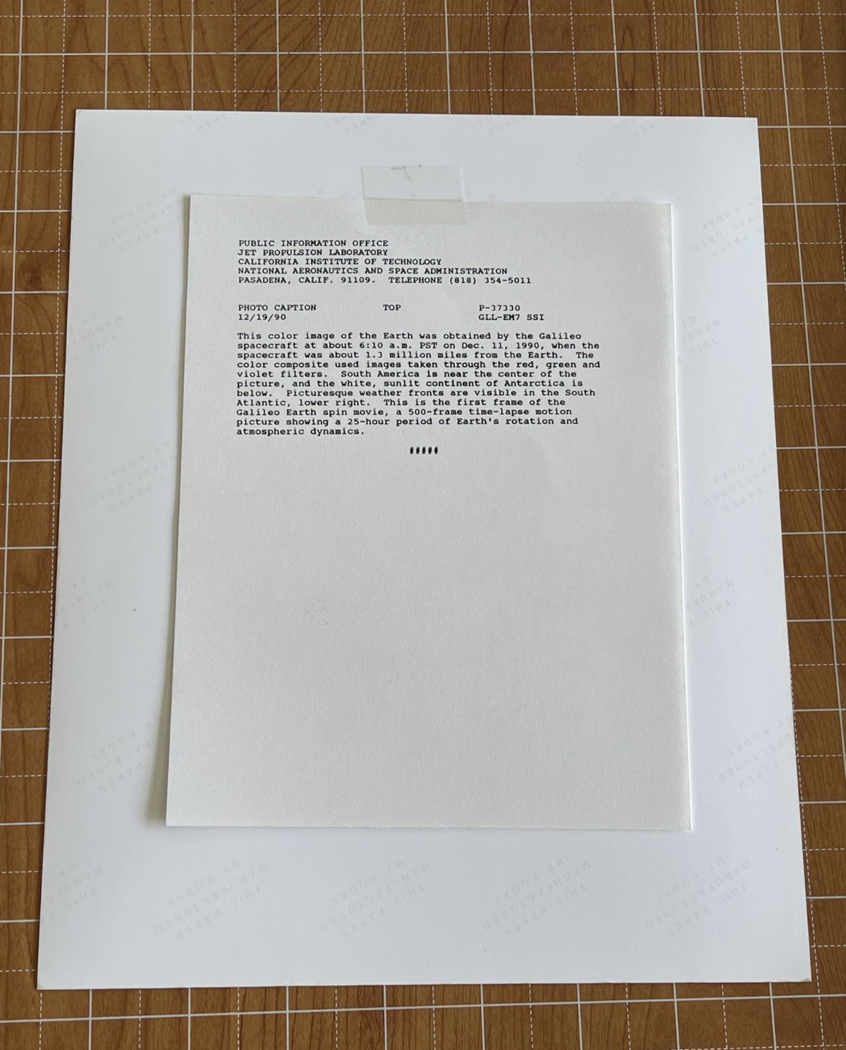 VINTAGE SPACE NASA PHOTO EARTH TAKEN BY GALILEO JPL KODAK PAPER