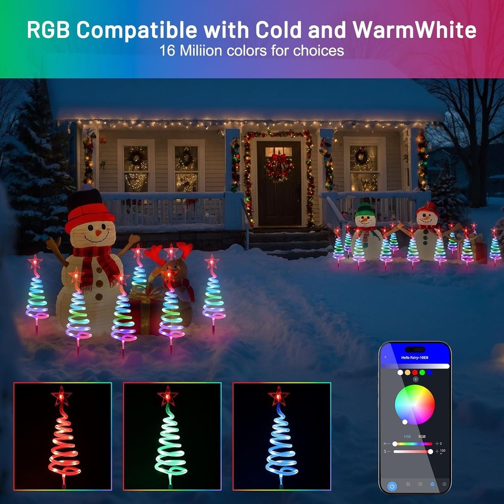 8PCS Outdoor Christmas Spiral Tree Pathway Lights, APP Control Multicolor Lights