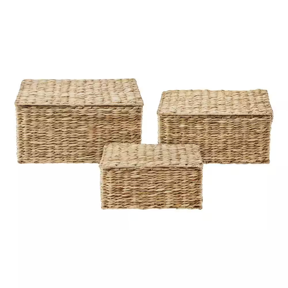 Rectangular Bulrush Lidded Storage Basket (Set of 3)