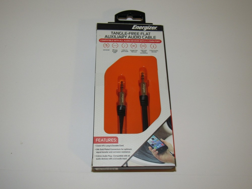 NEW Energizer Tangle Free Flat Auxiliary Aux Audio Cable 8ft