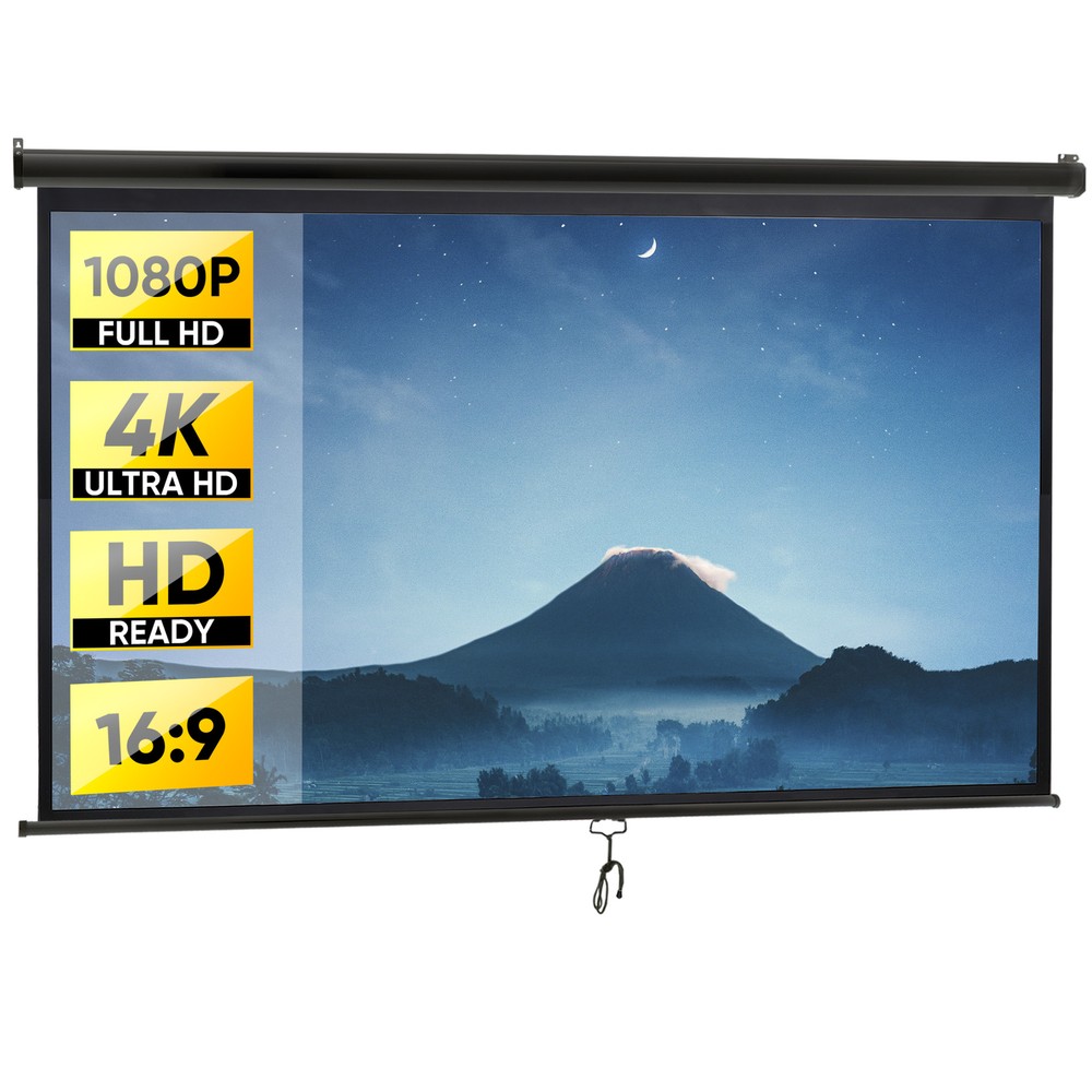 100" Projector Screen Pull Down Manual 16:9 HD Ceiling Wall Mount Black Portable