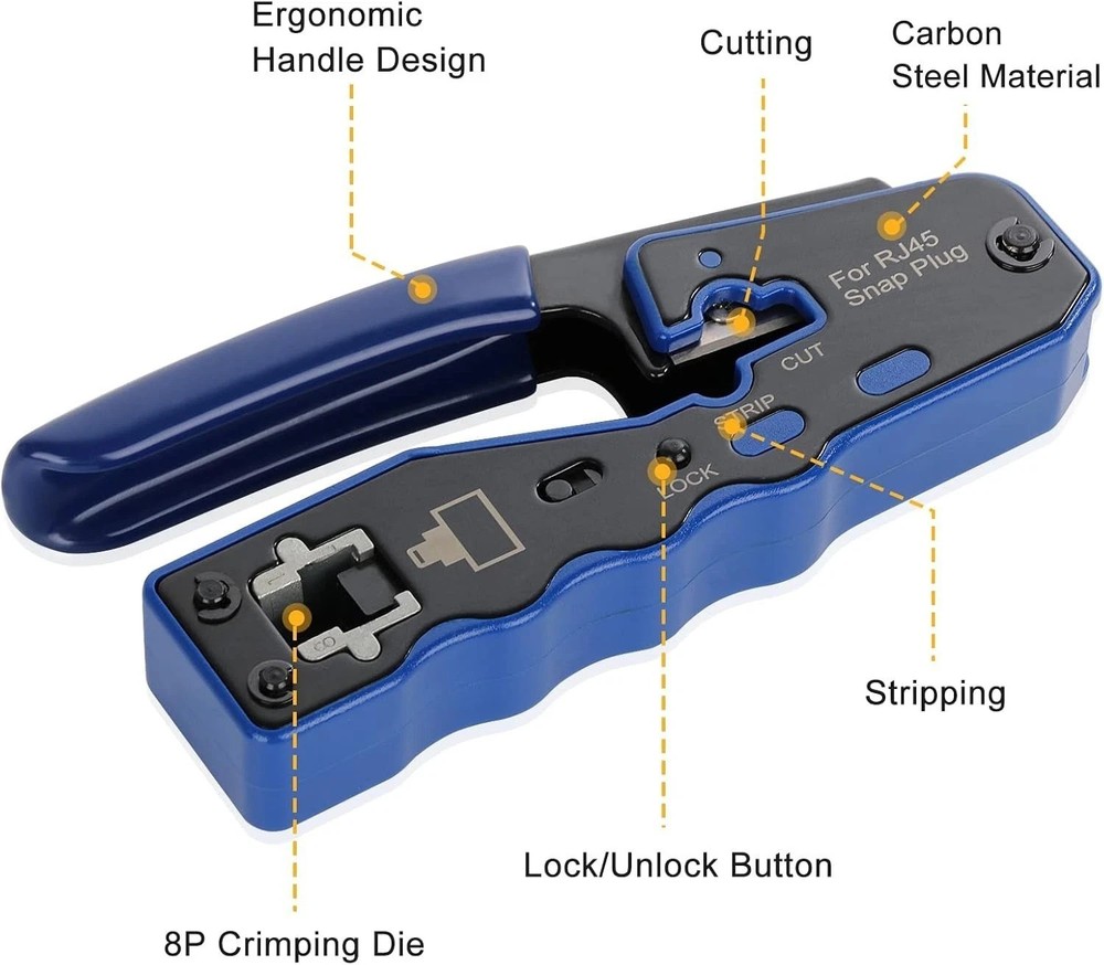 Durable RJ45 Crimp Tool with Pass Thru Function & Heavy-Duty Steel Construction