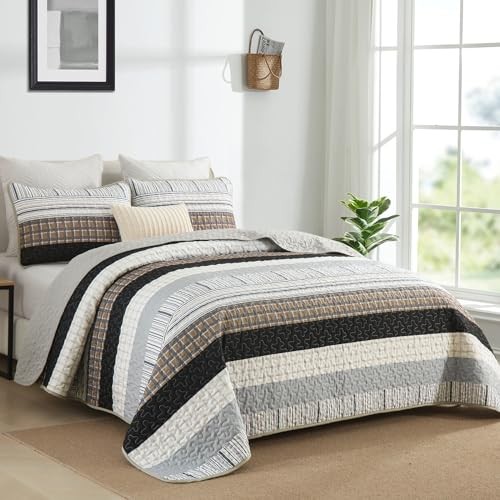 Striped Quilt Set Size Boho Bedspread Set 3 Pieces Patchwork King Brown